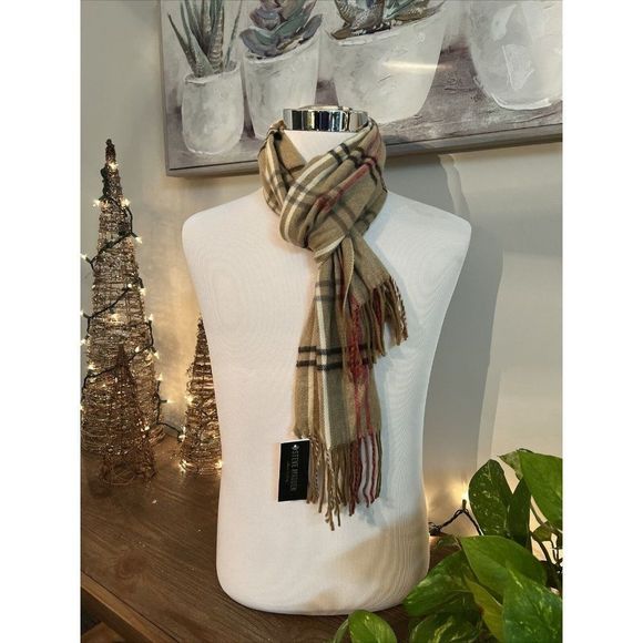 NWT Steve Madden Mid Weight Cozy Muffler Scarf with Fringe Camel Red Ivory Plaid - Picture 1 of 6